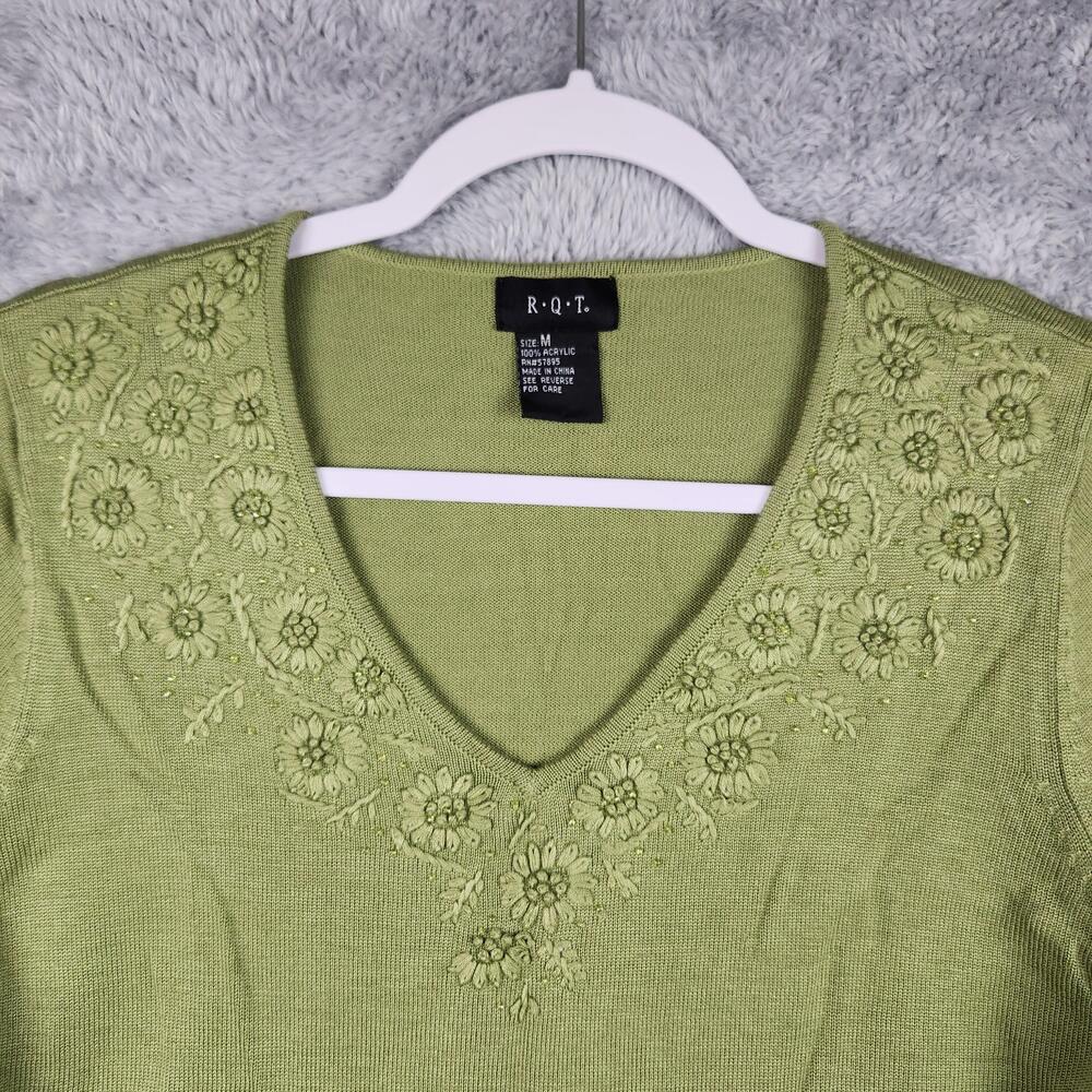 RQT Sweater Womens Medium Green V Neck Embroidered Floral Cottage Core Boho Y2k